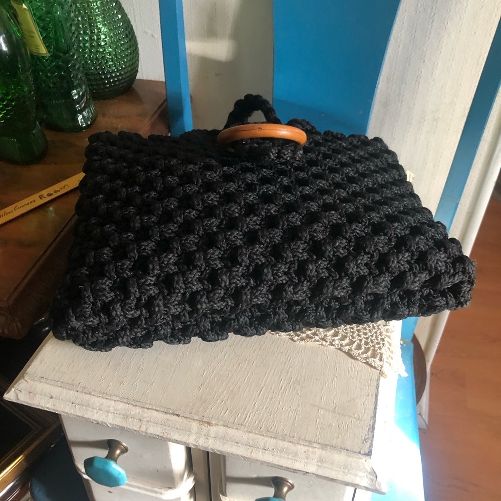 Vintage 1970s Boho Black Macrame Handbag - Picture 5 of 10